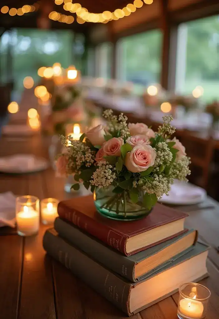 30 Creative Wedding Decor Ideas That Will Make Your Big Day Unforgettable - 19. Beautifully Stacked Books